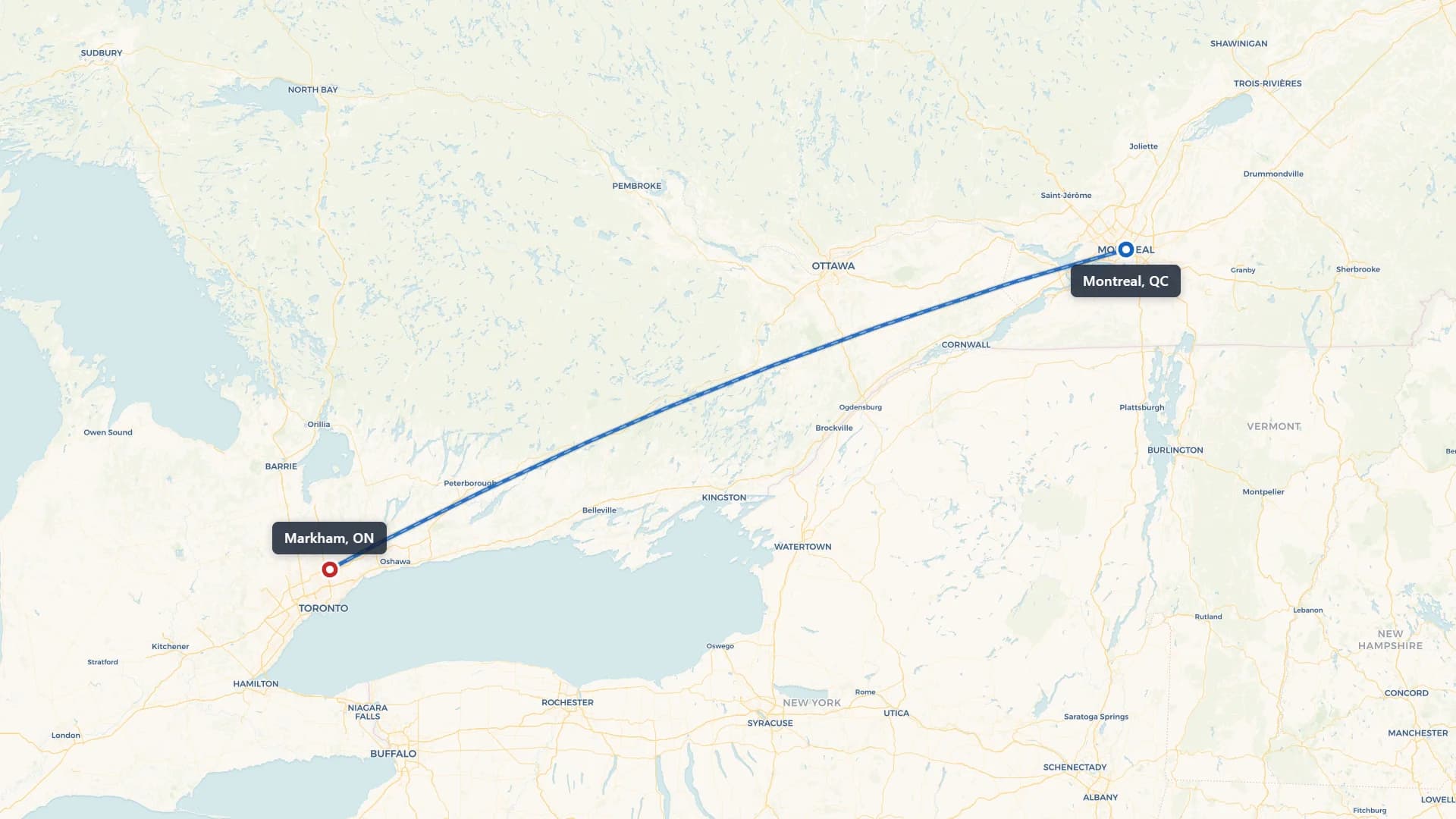 Route map showing car shipping from Montreal to Markham