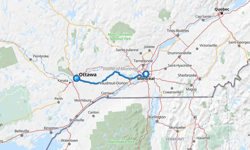 Map showing the route from Montreal to Ottawa