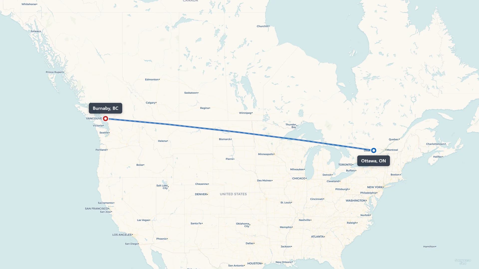Route map showing car shipping from Ottawa to Burnaby