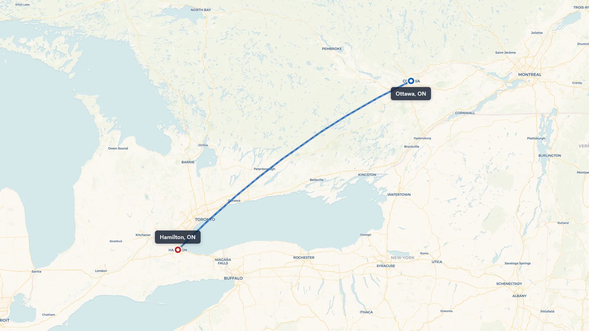 Route map showing car shipping from Ottawa to Hamilton