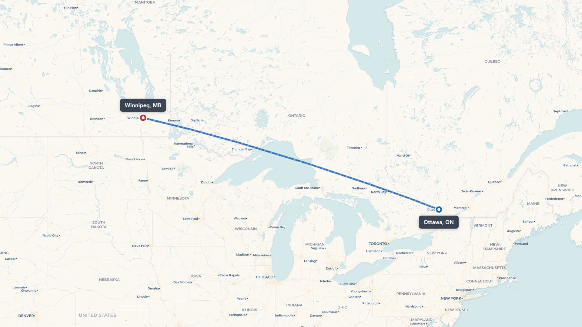 Route map showing car shipping from Ottawa to Winnipeg