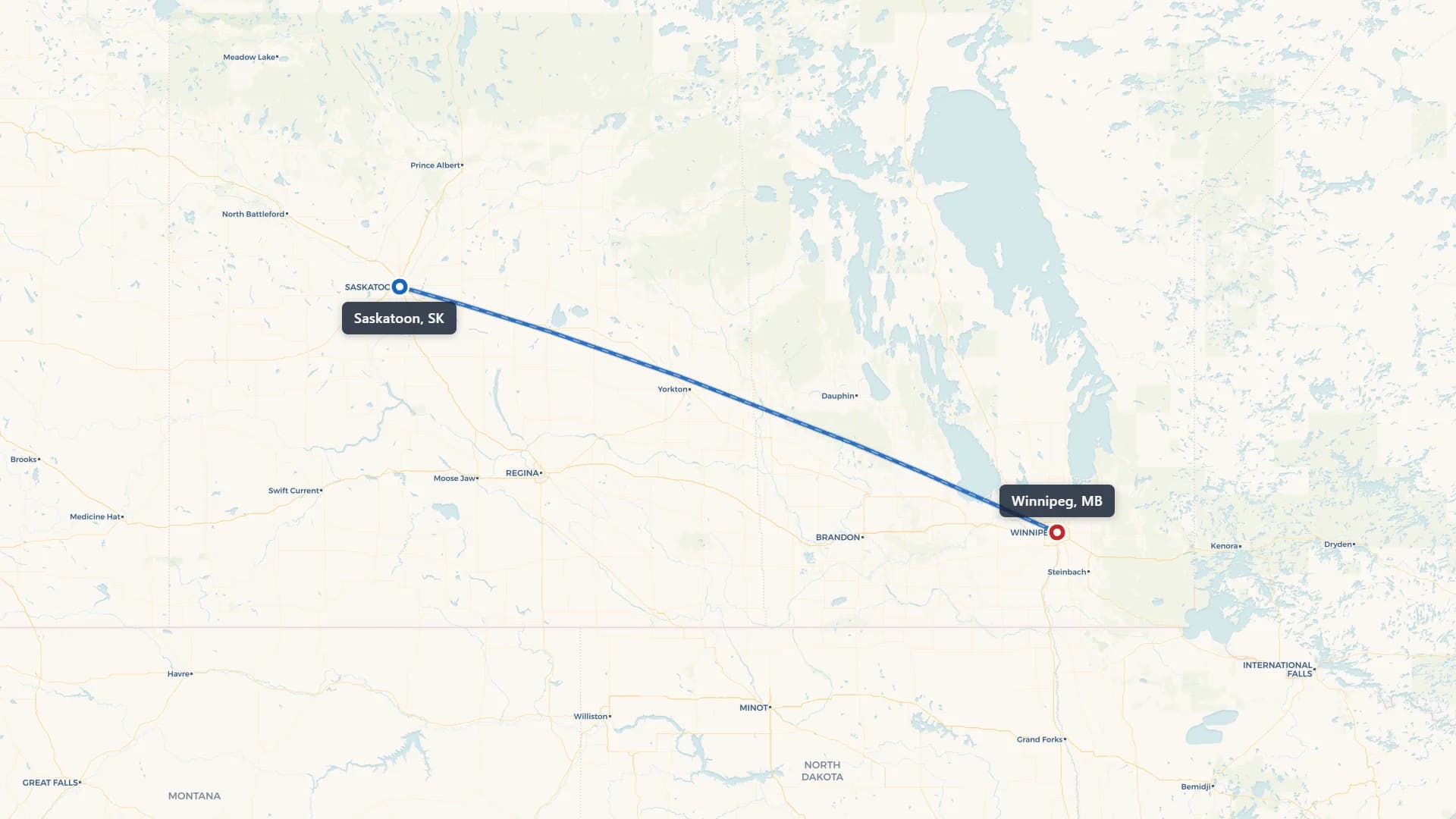 Route map showing car shipping from Saskatoon to Winnipeg
