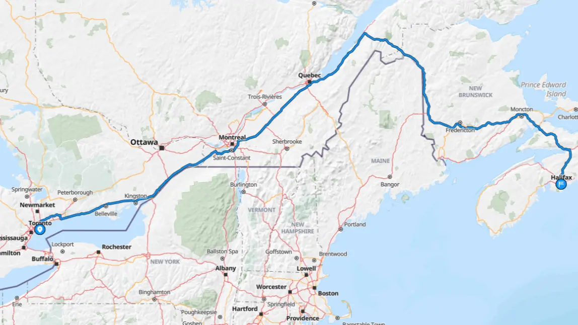 Toronto to Halifax route map with vehicle