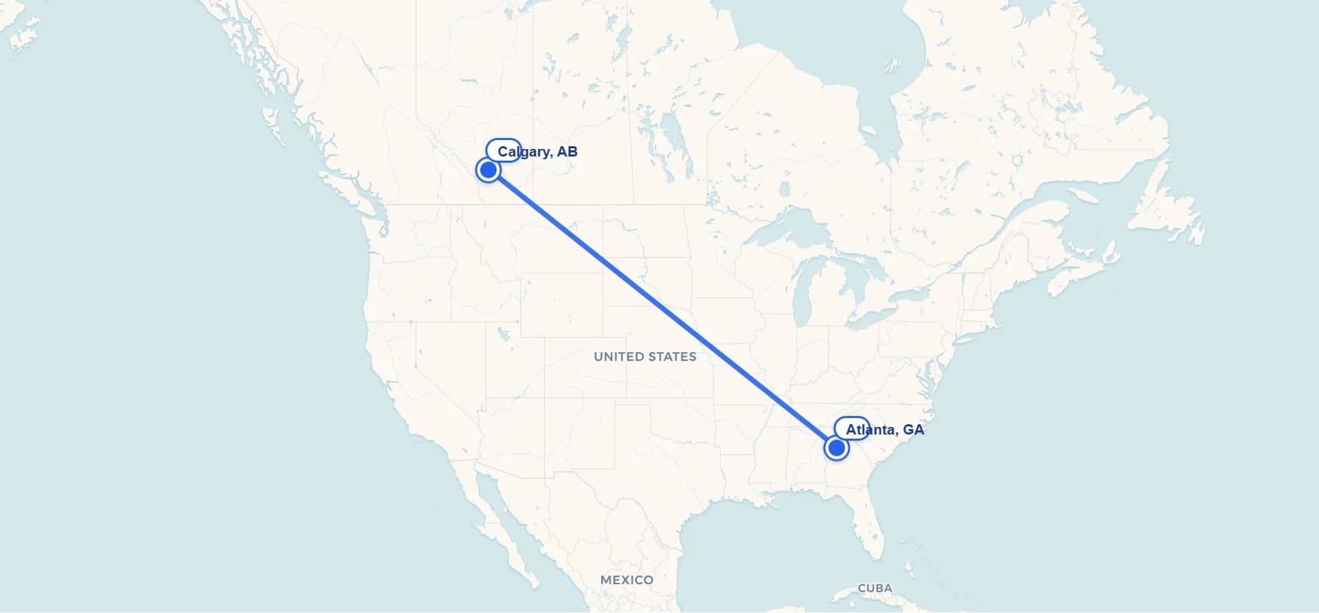 Map showing Atlanta to Calgary cross-border shipping route