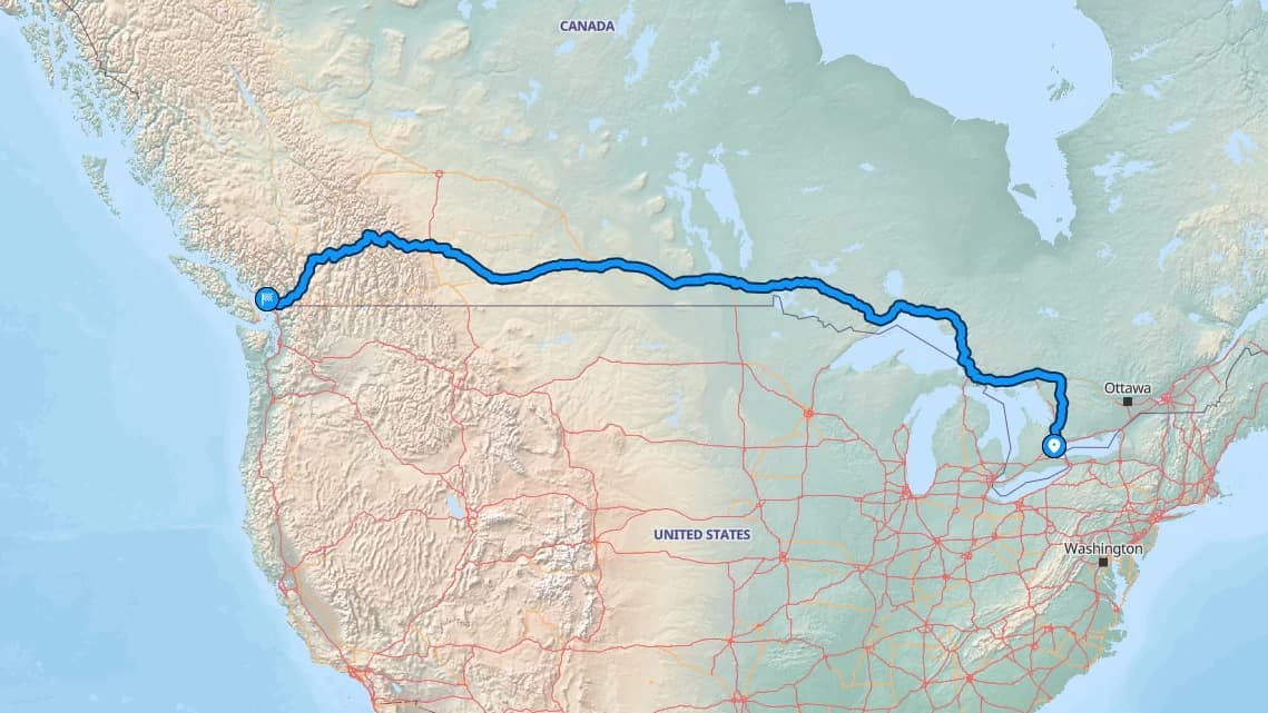 Map showing the Brampton to Burnaby car shipping route across Canada