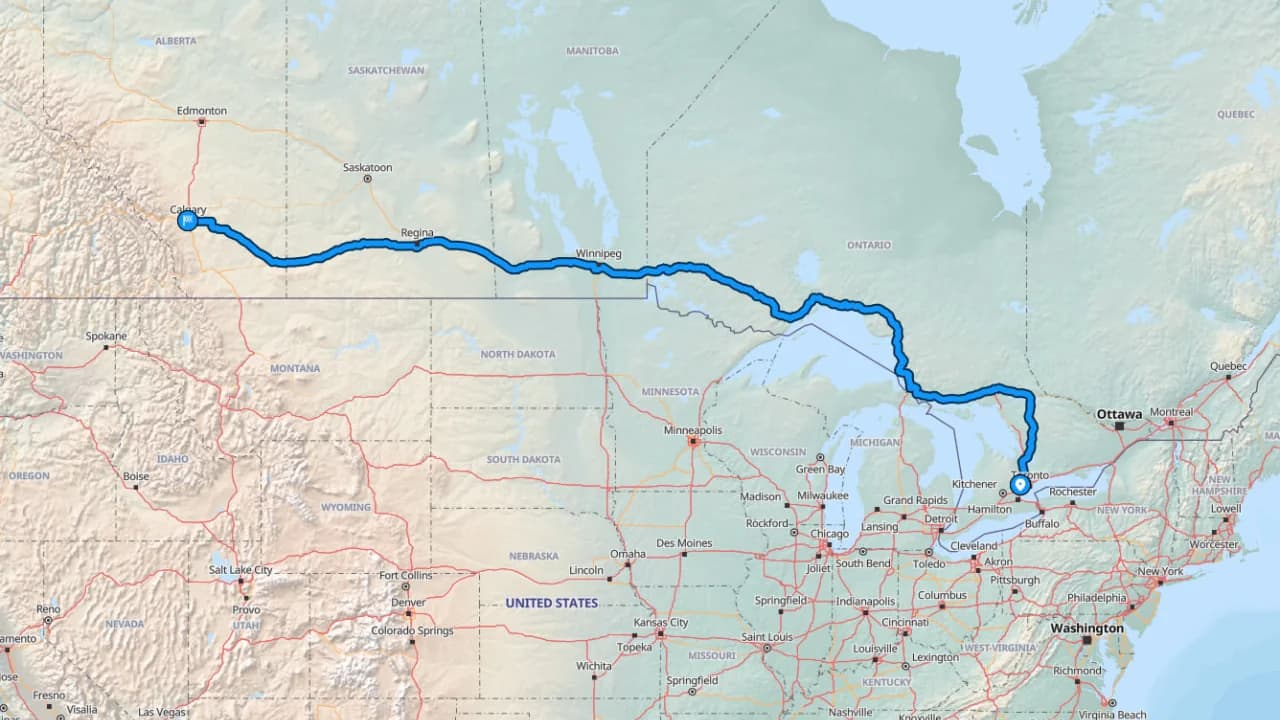 Map showing the Brampton to Calgary car shipping route across Canada