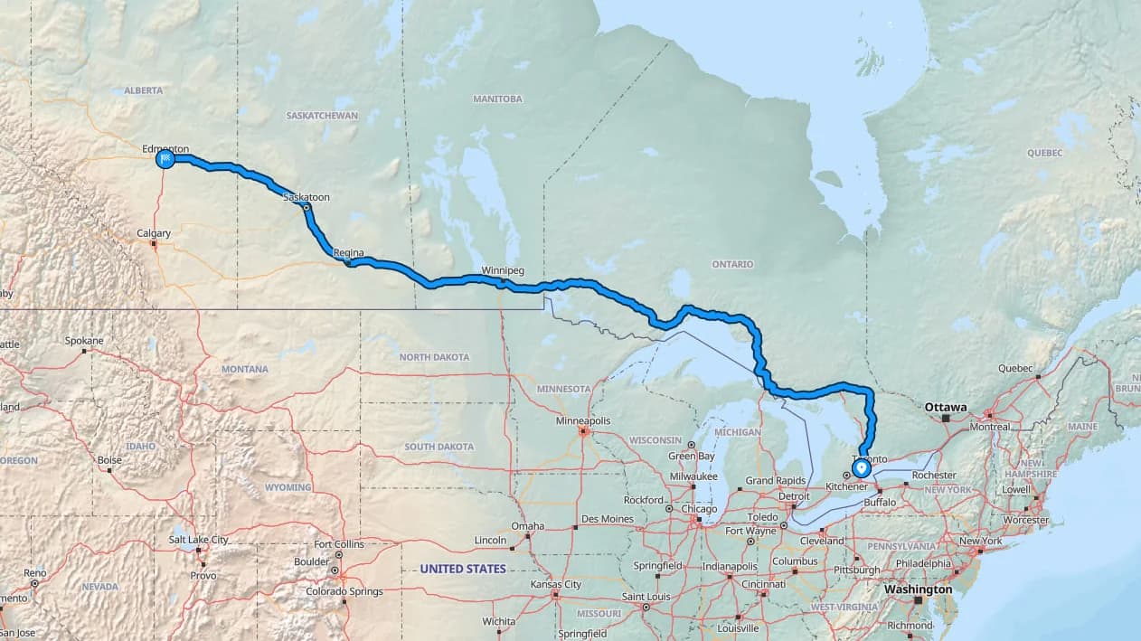 Map showing the Brampton to Edmonton car shipping route across Canada