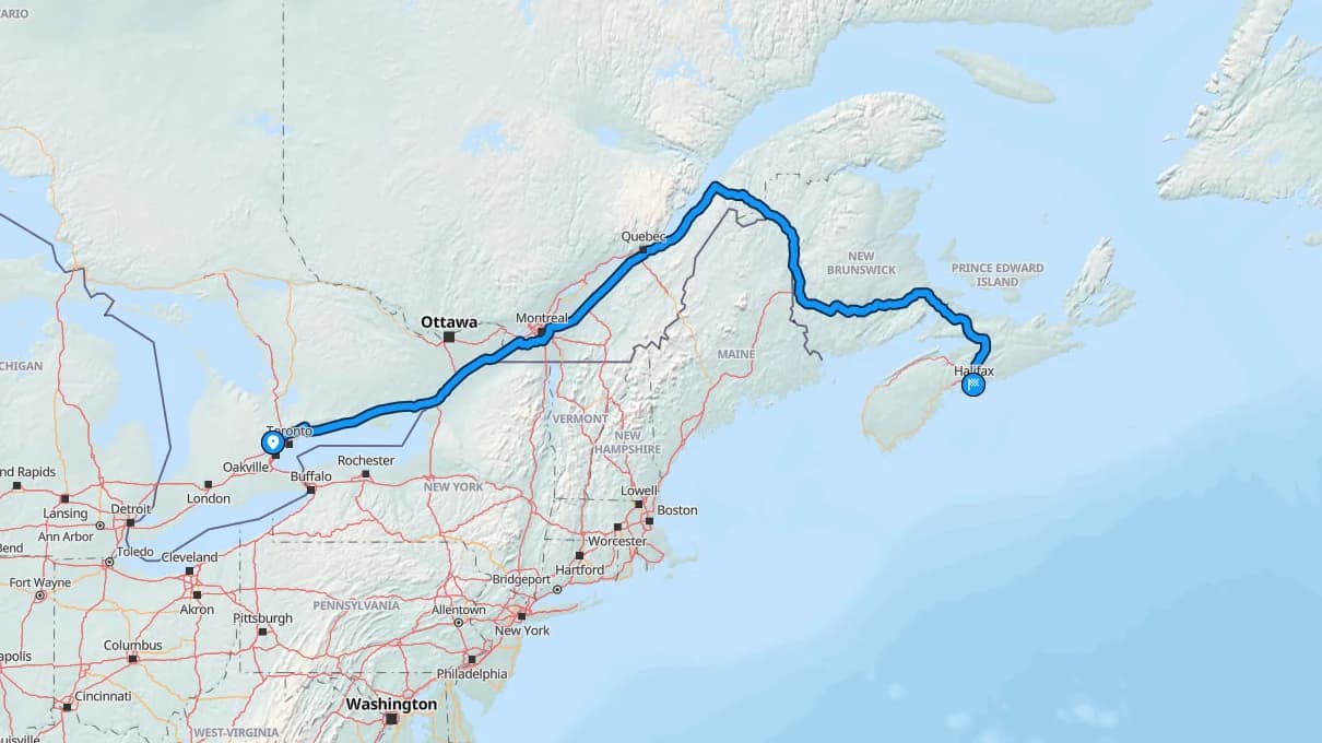 Map showing the Brampton to Halifax car shipping route across Canada