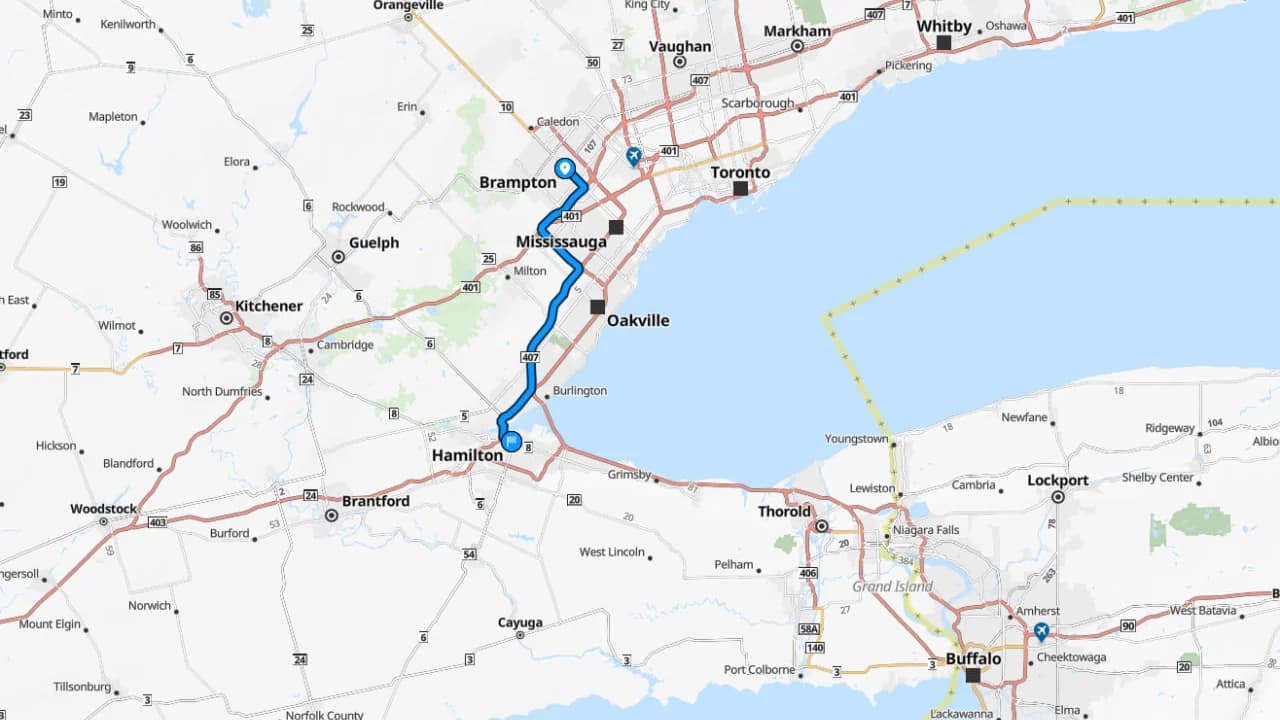 Map showing the Brampton to Hamilton car shipping route through Ontario