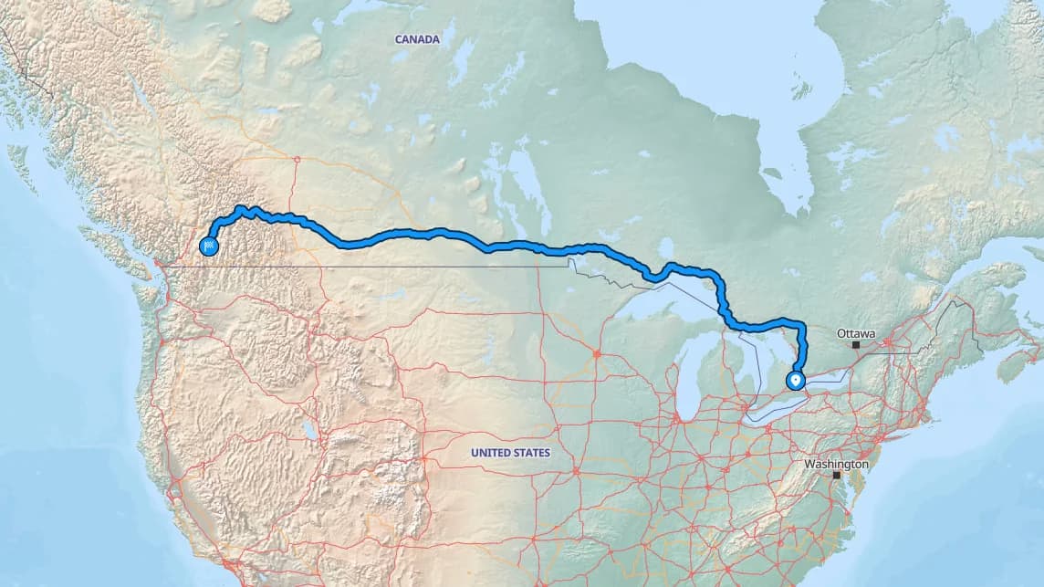 Map showing the Brampton to Kelowna car shipping route across Canada