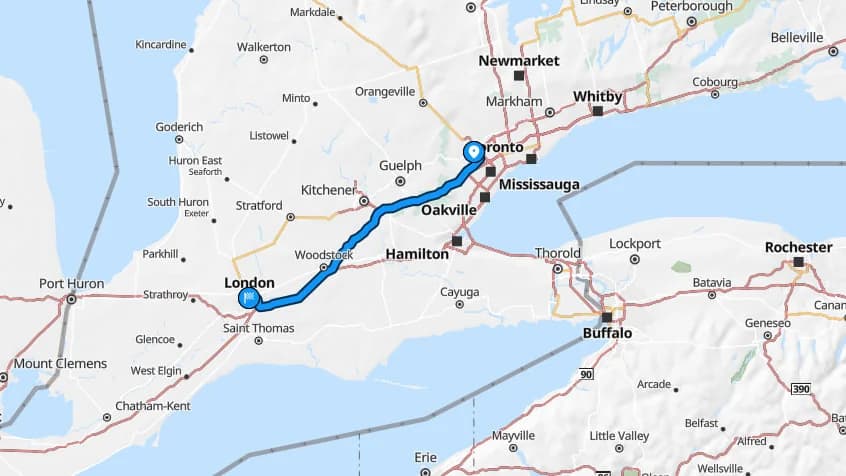 Map showing the Brampton to London car shipping route along Highway 401