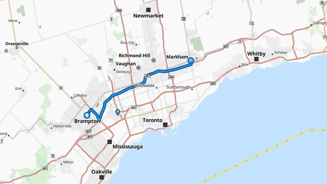 Map showing the Brampton to Markham car shipping route through the GTA