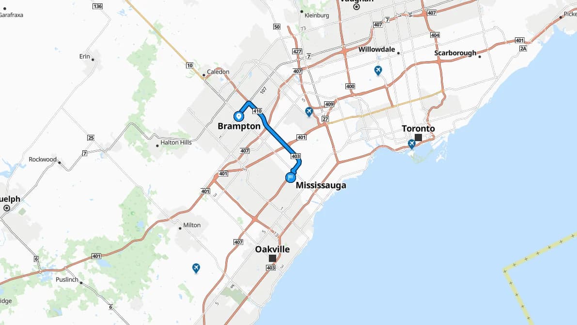 Map showing the Brampton to Mississauga car shipping route through Peel Region
