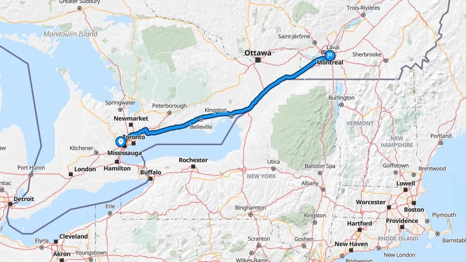 Map showing the Brampton to Montreal car shipping route along Highway 401