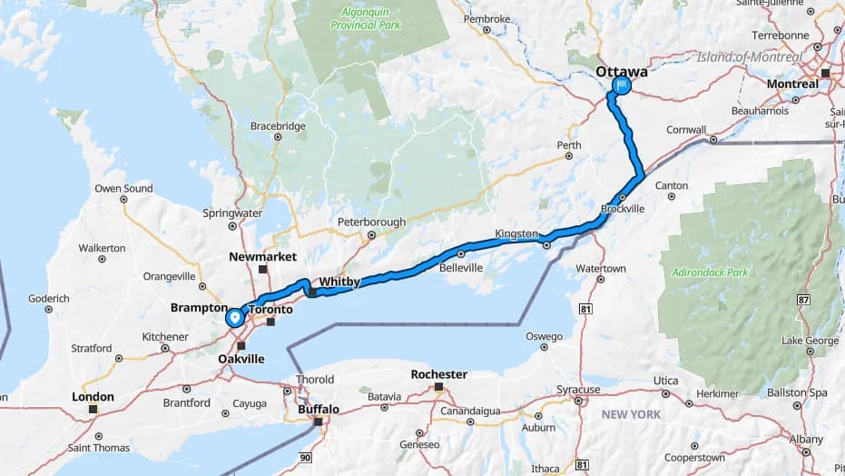 Map showing the Brampton to Ottawa car shipping route through Ontario