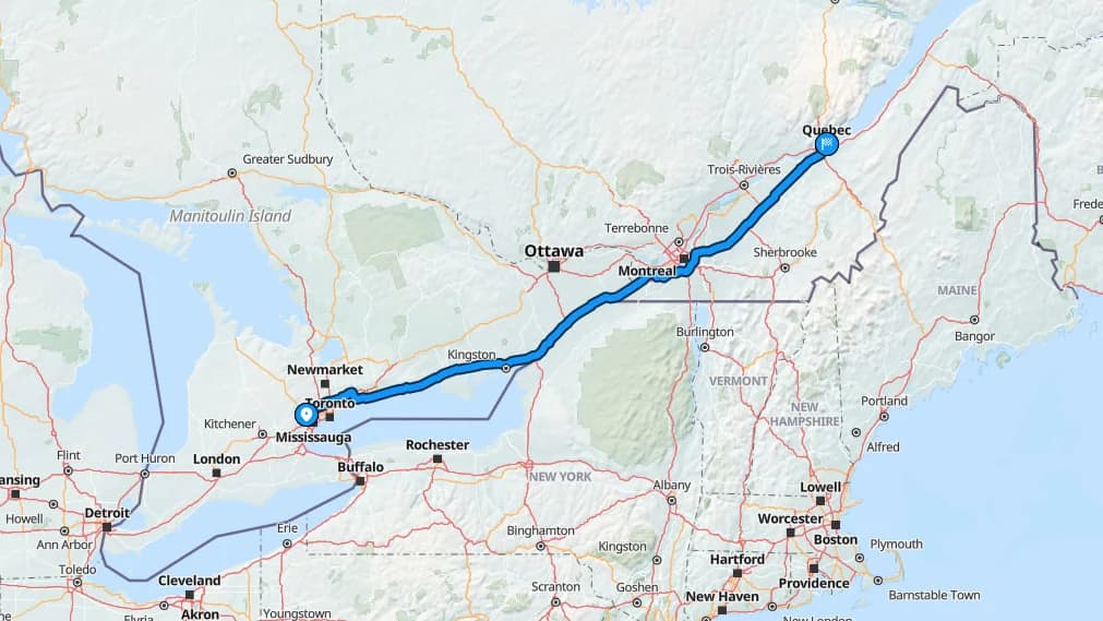 Map showing the Brampton to Quebec City car shipping route along Highway 401 and Autoroute 20
