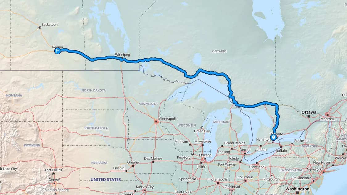 Map showing the Brampton to Regina car shipping route across Ontario, Manitoba, and Saskatchewan