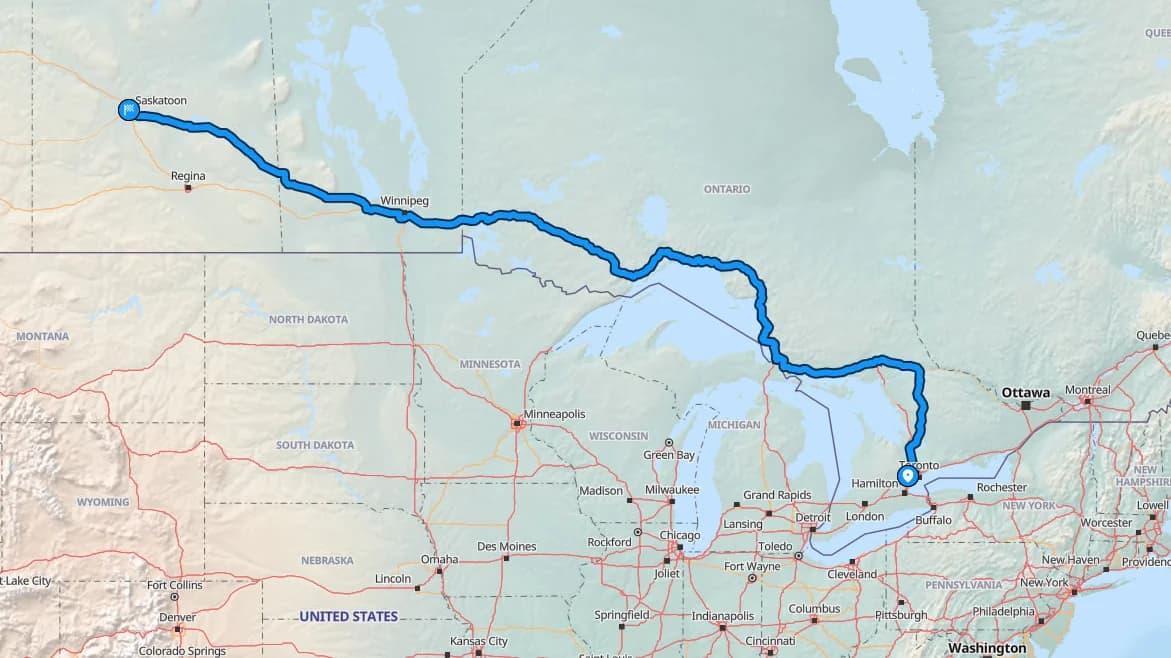 Map showing the Brampton to Saskatoon car shipping route across Ontario, Manitoba, and Saskatchewan