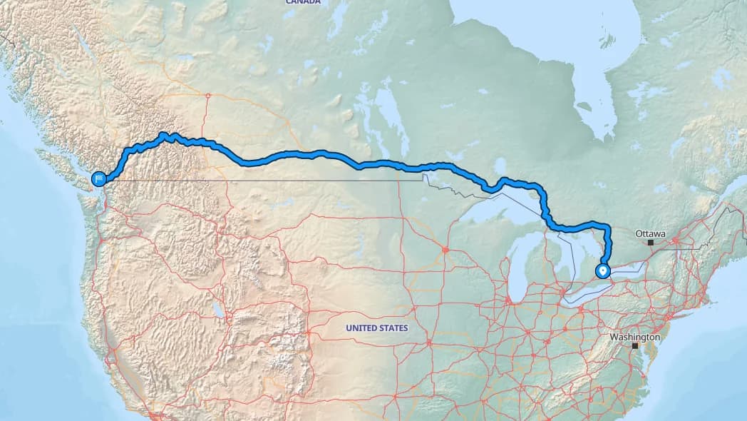 Map showing the Brampton to Surrey car shipping route across Canada