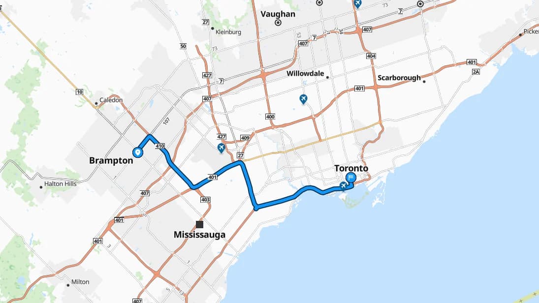 Map showing the Brampton to Toronto car shipping route through the GTA