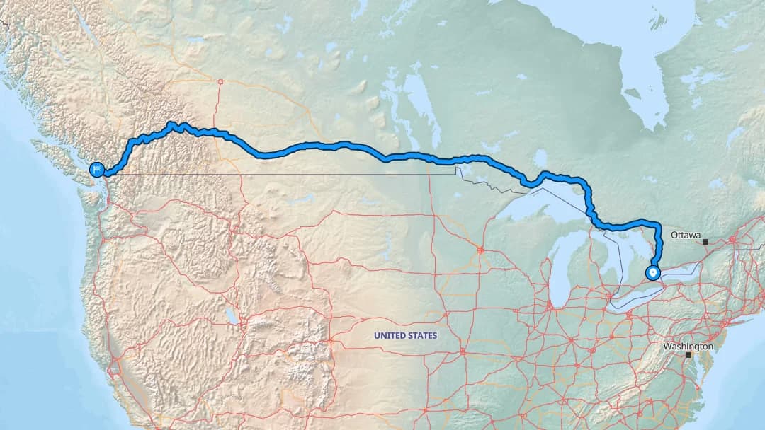 Map showing the Brampton to Vancouver car shipping route across Canada