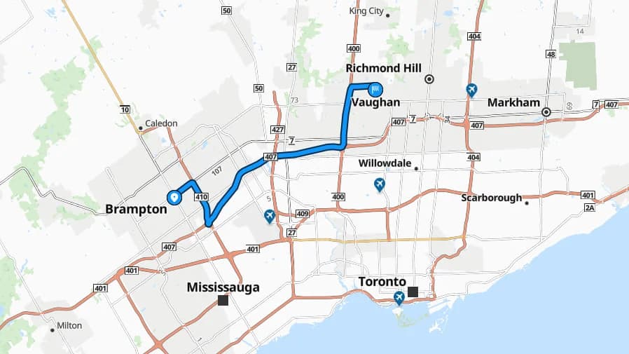 Map showing the Brampton to Vaughan car shipping route through the GTA