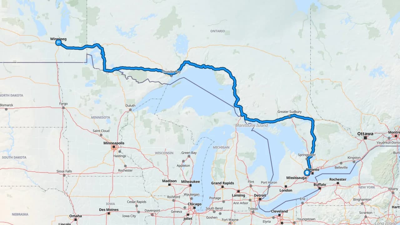 Map showing the Brampton to Winnipeg car shipping route across Ontario and into Manitoba