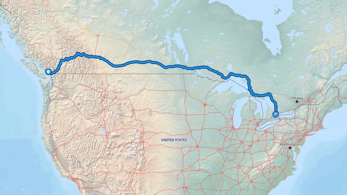 Map showing the Burnaby to Brampton car shipping route across Canada