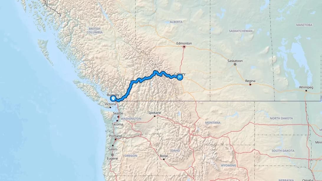 Map showing the Burnaby to Calgary car shipping route through the Rockies
