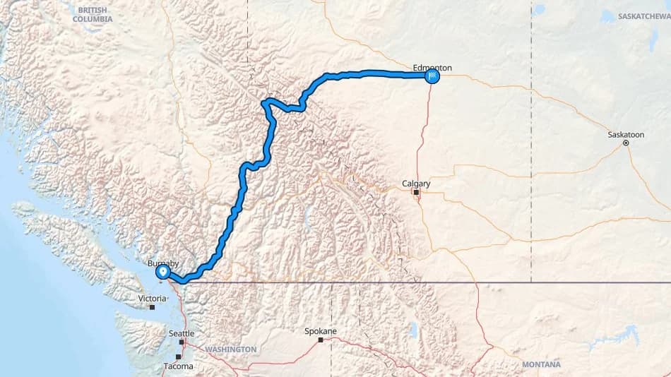 Map showing the Burnaby to Edmonton car shipping route through the Rockies