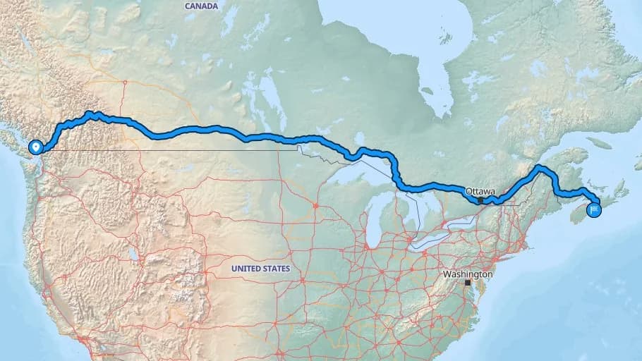 Map showing the Burnaby to Halifax car shipping route across Canada