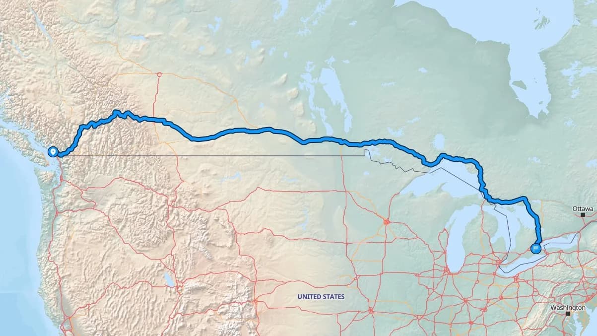 Map showing the Burnaby to Hamilton car shipping route across Canada