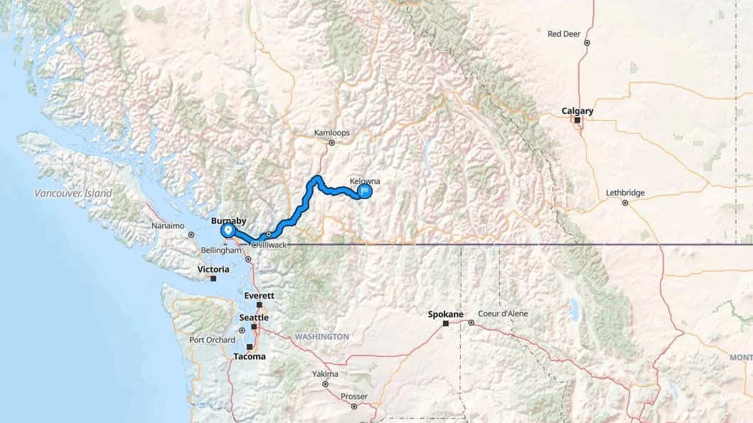 Map showing the Burnaby to Kelowna car shipping route via the Coquihalla Highway