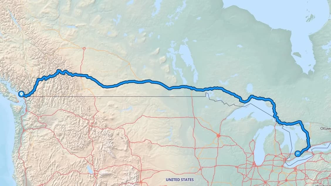 Map showing the Burnaby to London car shipping route across Canada