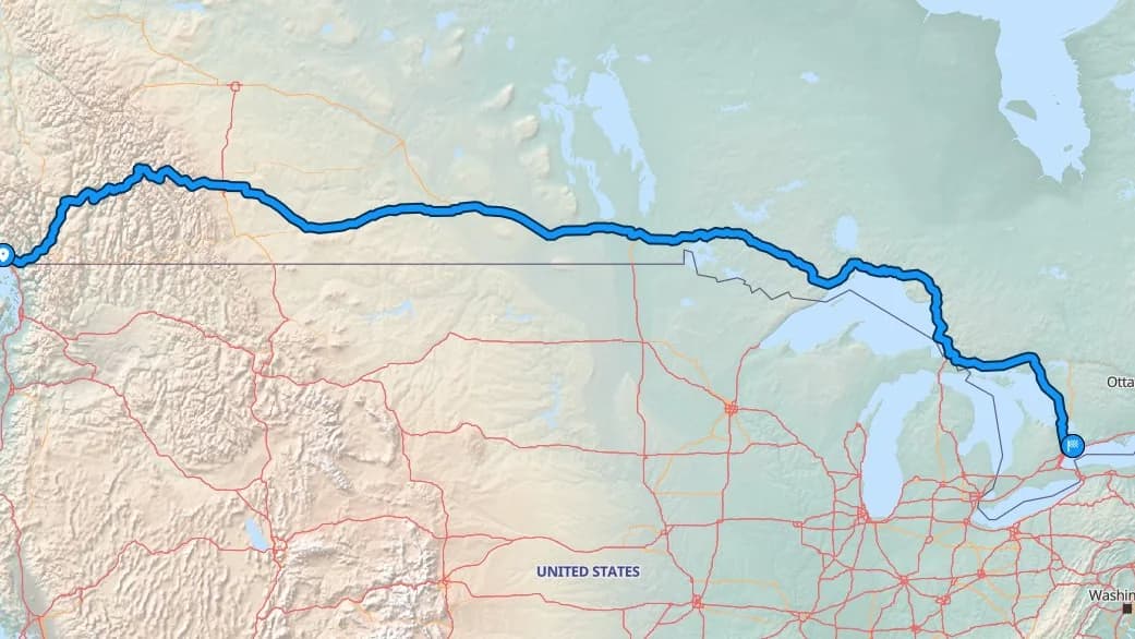 Map showing the Burnaby to Markham car shipping route across Canada