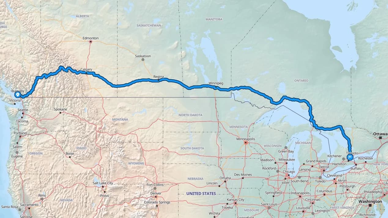 Map showing the Burnaby to Mississauga car shipping route across Canada