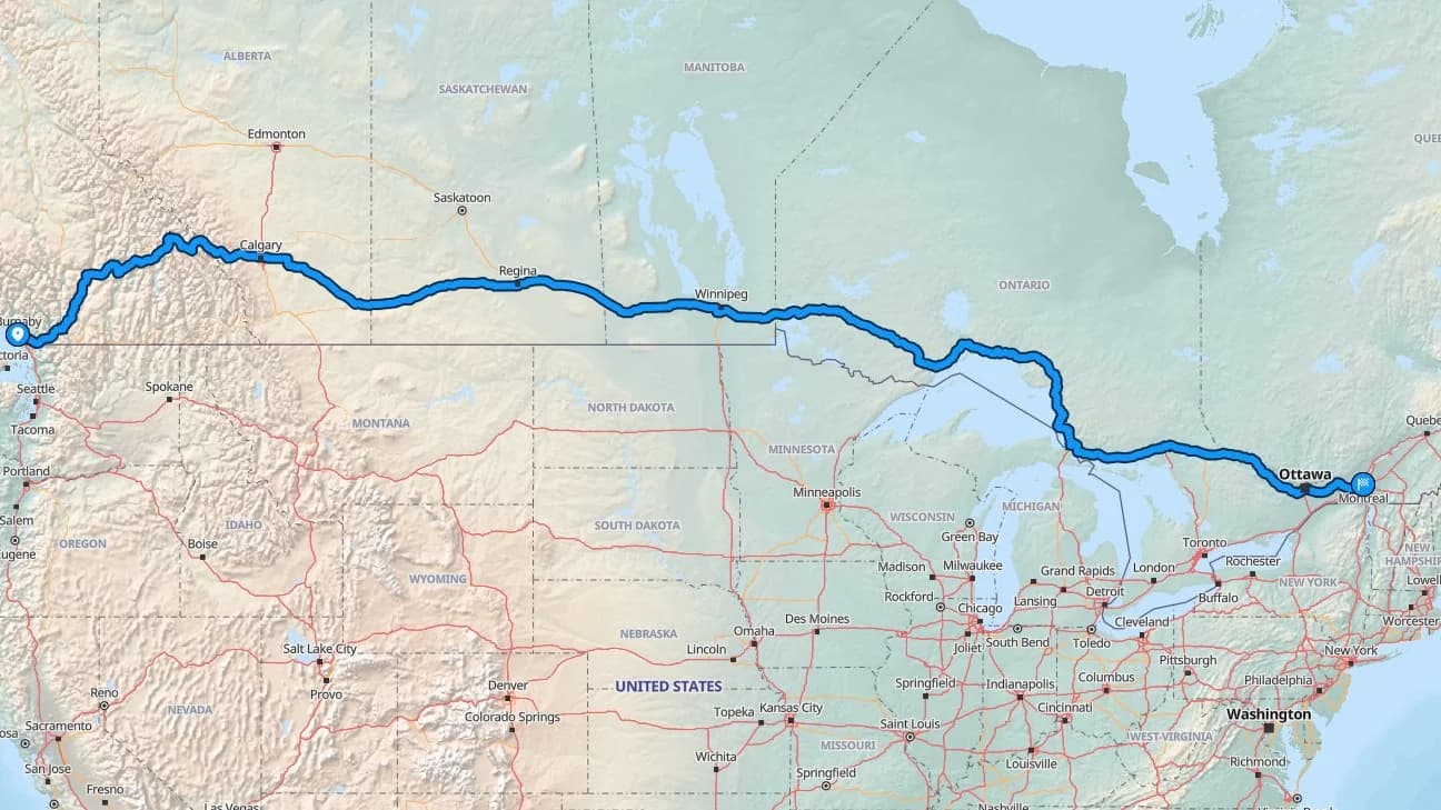 Map showing the Burnaby to Montreal car shipping route across Canada