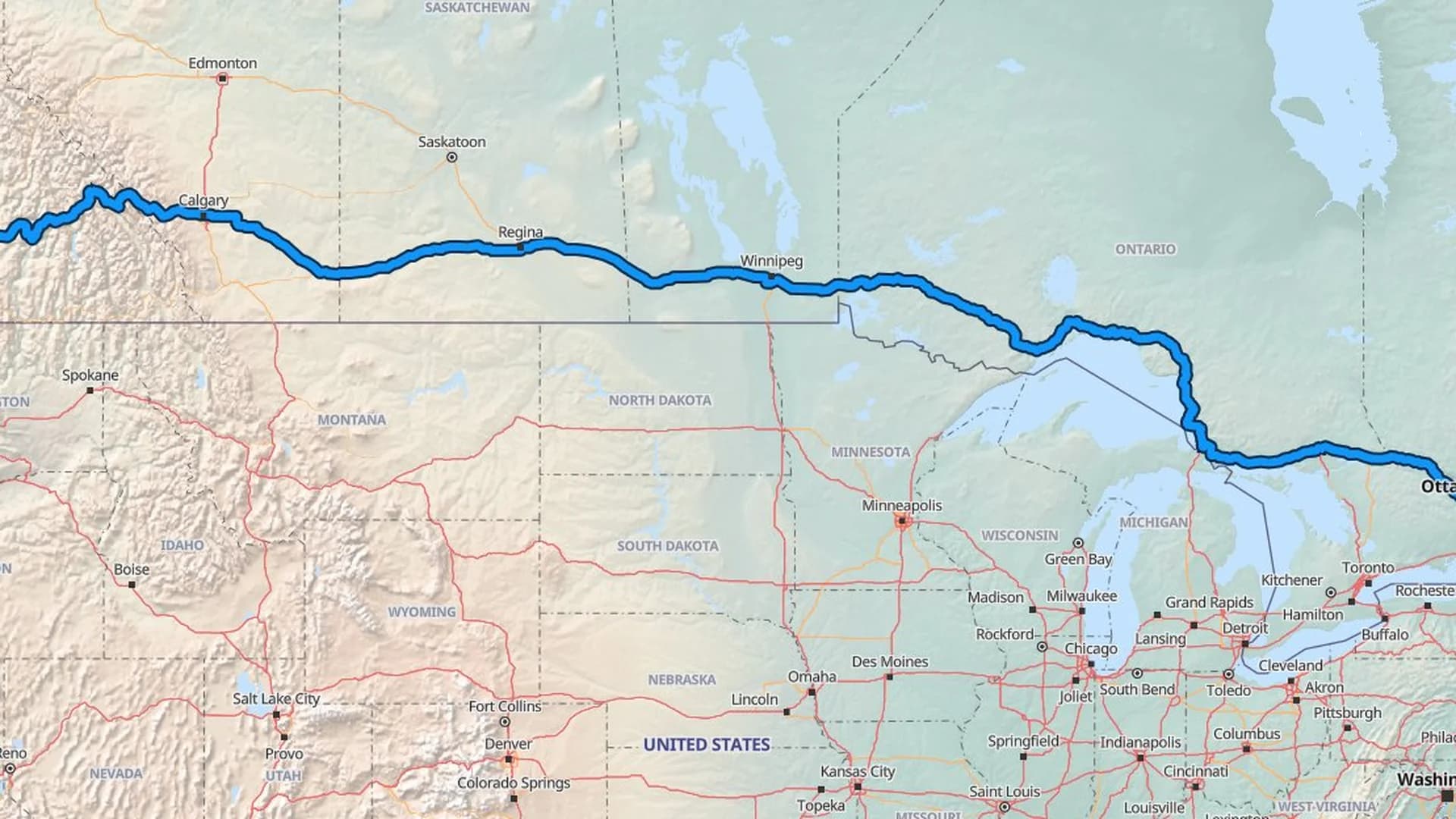 Map showing the Burnaby to Ottawa car shipping route across Canada