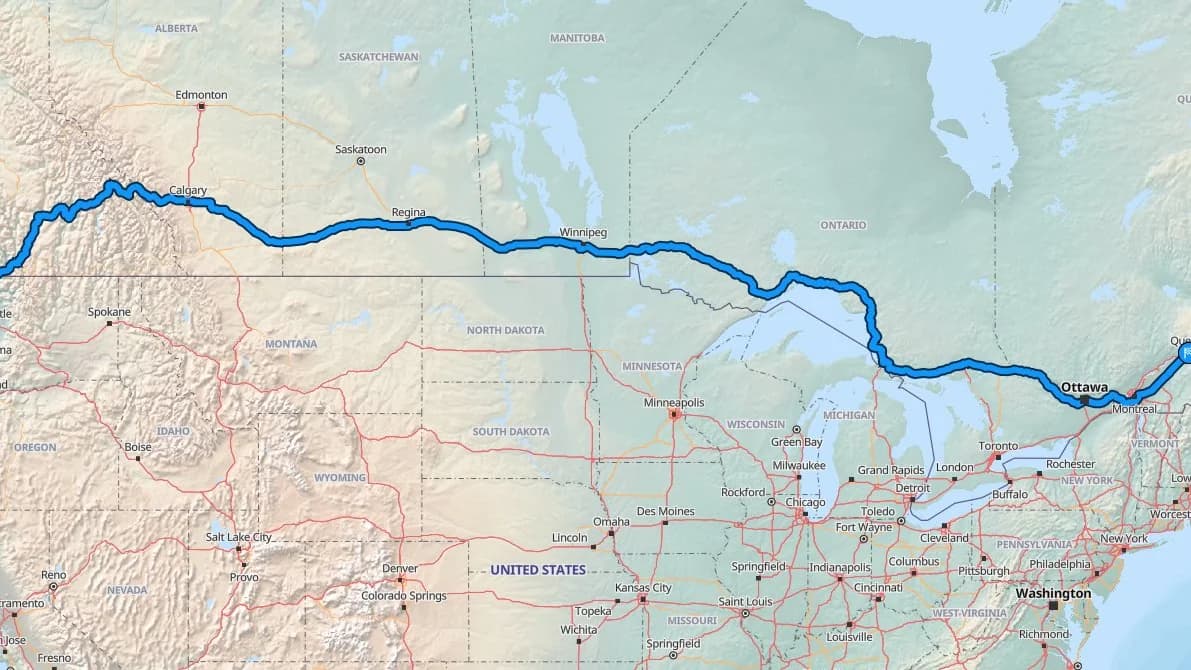 Map showing the Burnaby to Quebec City car shipping route across Canada