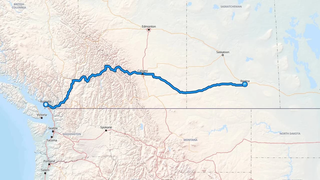 Map showing the Burnaby to Regina car shipping route through the Rockies and across the Prairies
