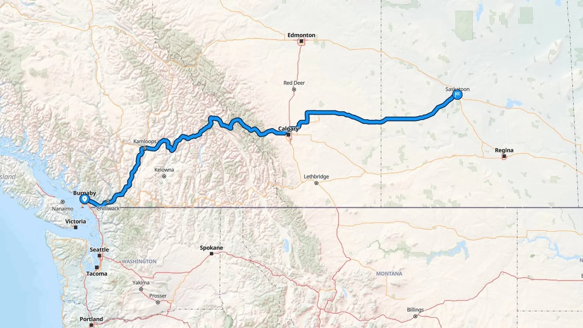 Map showing the Burnaby to Saskatoon car shipping route through the Rockies and across the Prairies