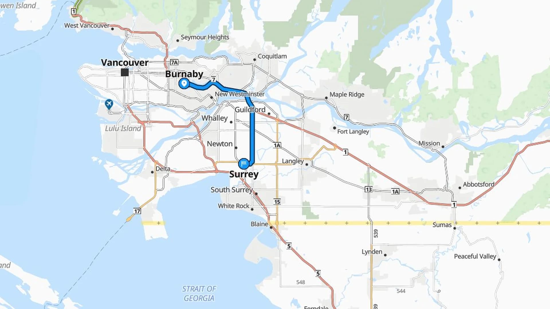 Map showing the Burnaby to Surrey car shipping route across Metro Vancouver