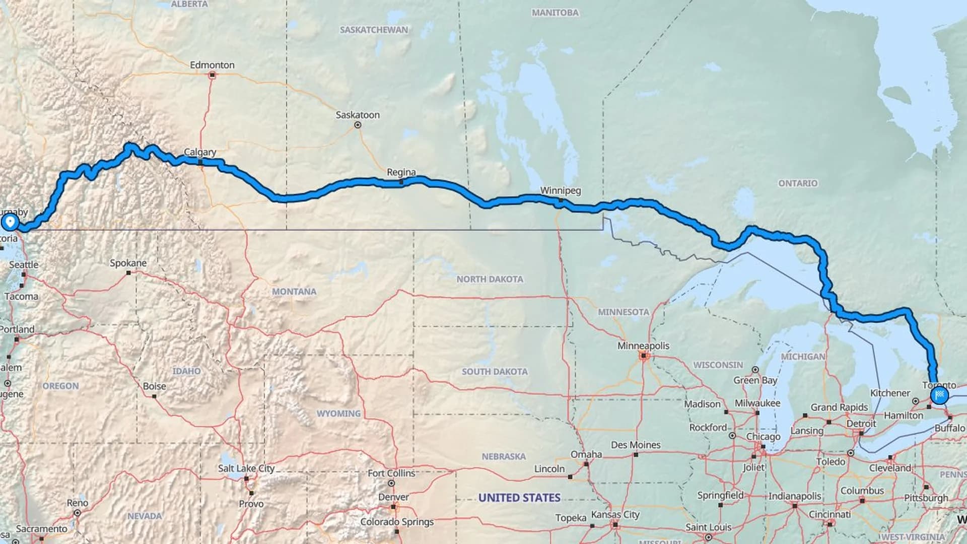 Map showing the Burnaby to Toronto car shipping route across Canada