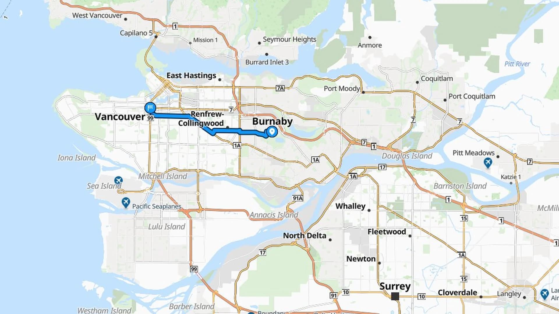 Map showing the Burnaby to Vancouver car shipping route across Metro Vancouver