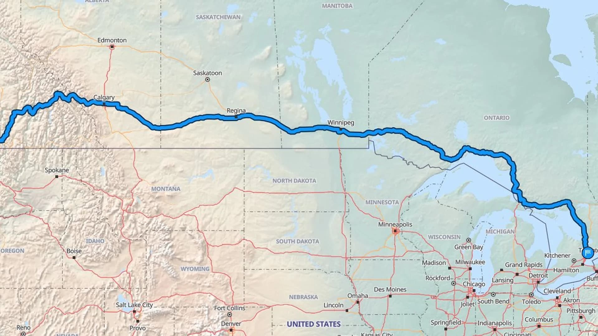 Map showing the Burnaby to Vaughan car shipping route across Canada