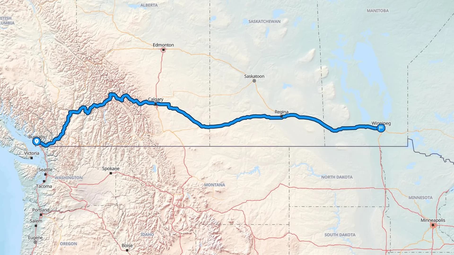 Map showing the Burnaby to Winnipeg car shipping route through the Rockies and across the Prairies