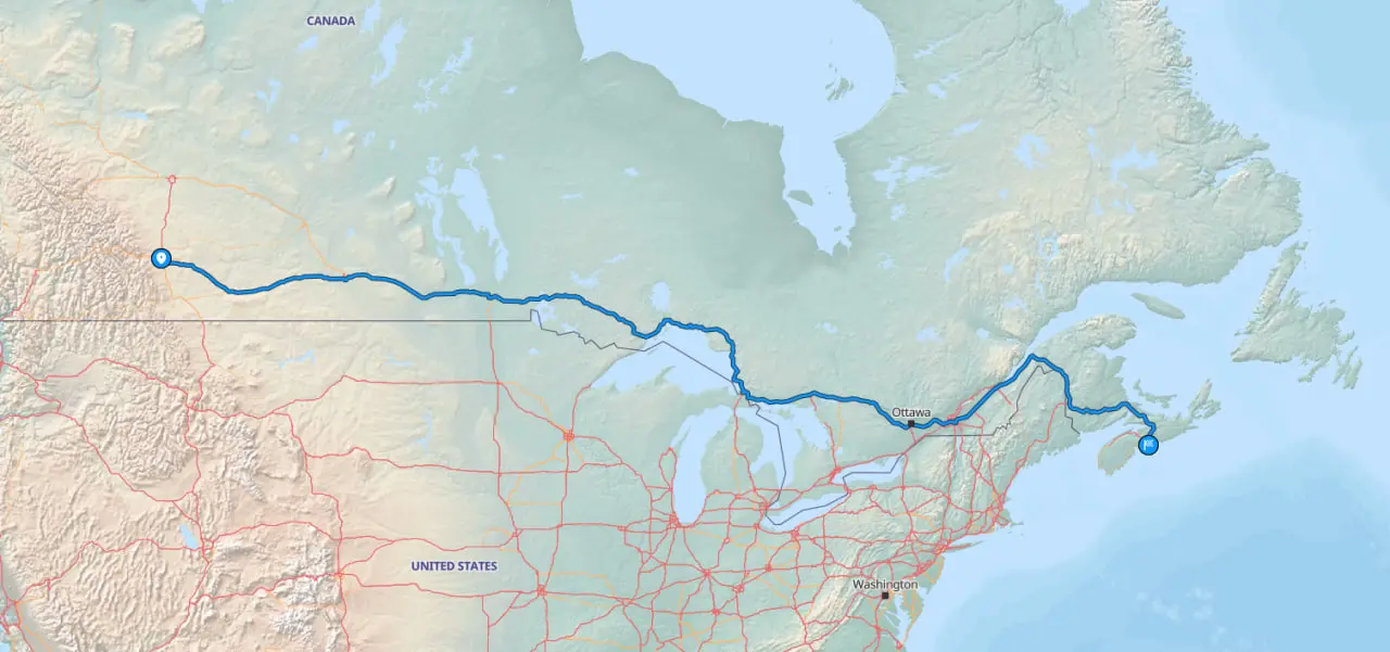 Map showing car route from Calgary to Halifax