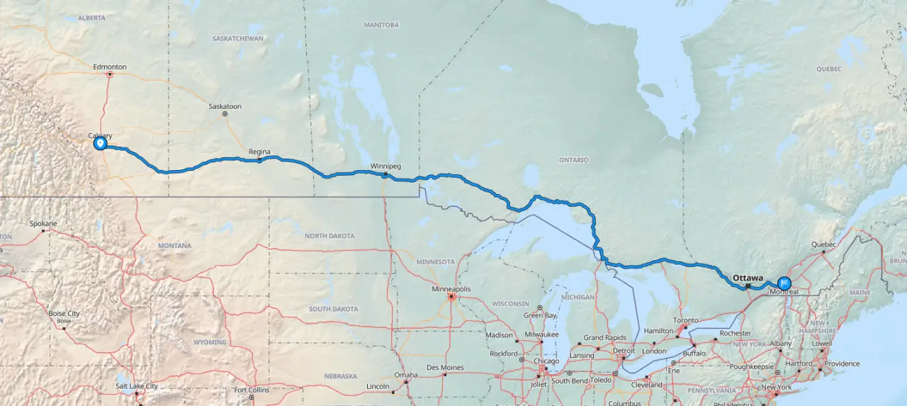Map showing route from Calgary to Montreal