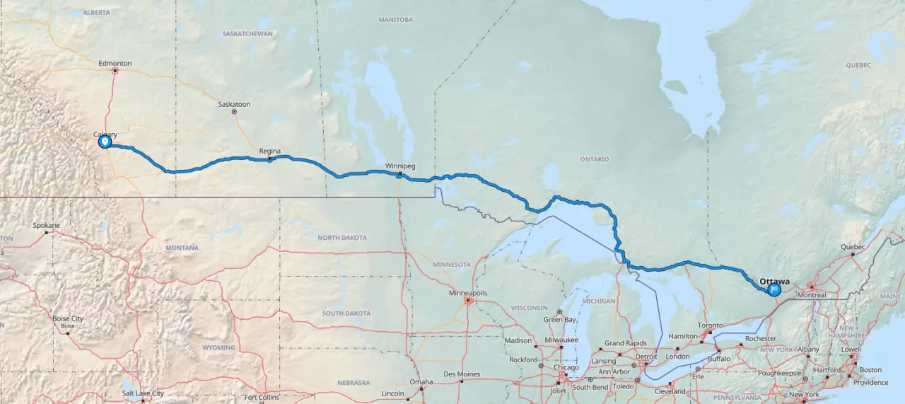 Map showing Calgary to Ottawa shipping route