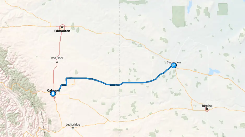 Map of Calgary to Saskatoon car shipping route